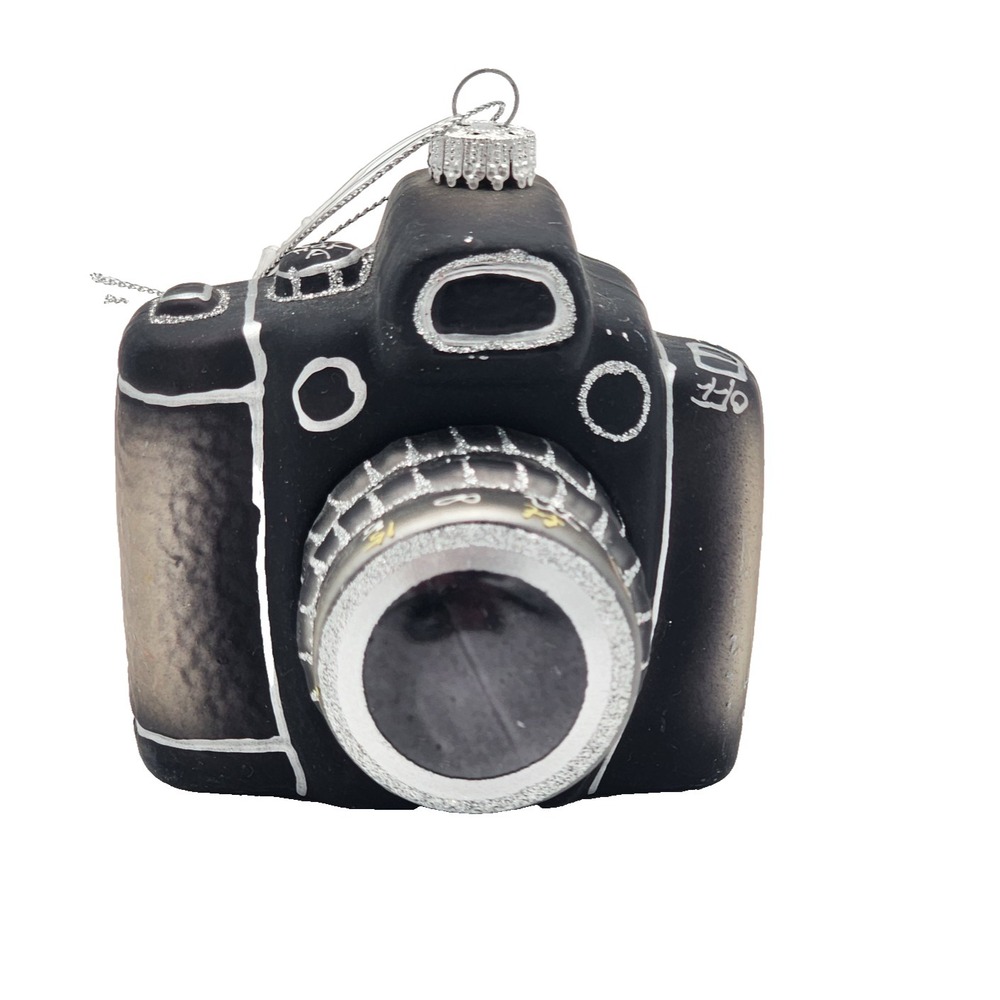 Vintage Christmas Blown Glass Camera Ornament Black with Silver Accents Hanging‎